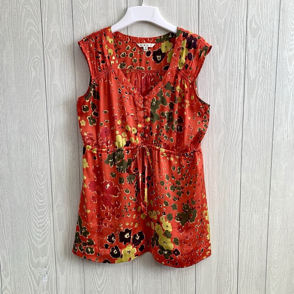 Cabi Red Orange V-Neck Sleeveless Floral Top Medium